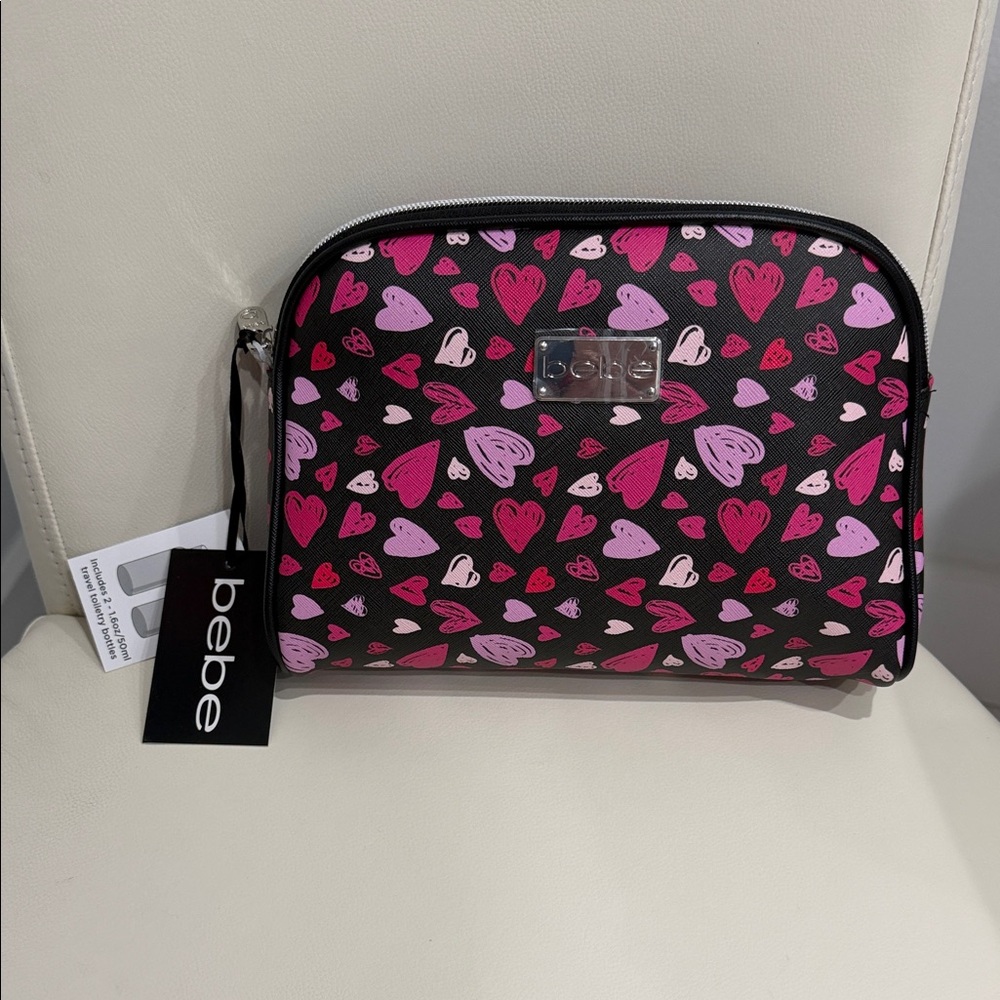 Bebe Black & Pink Heart Pattern Cosmetic Bag/Case with 2 Toiletry Bottles